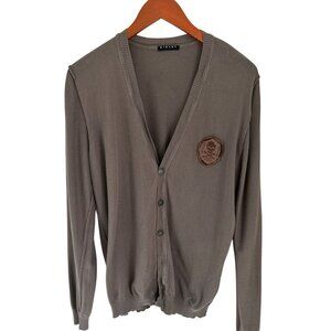 Sisley Mens Brown V-Neck Button-Up Cardigan Sweater With Scull Patch Logo